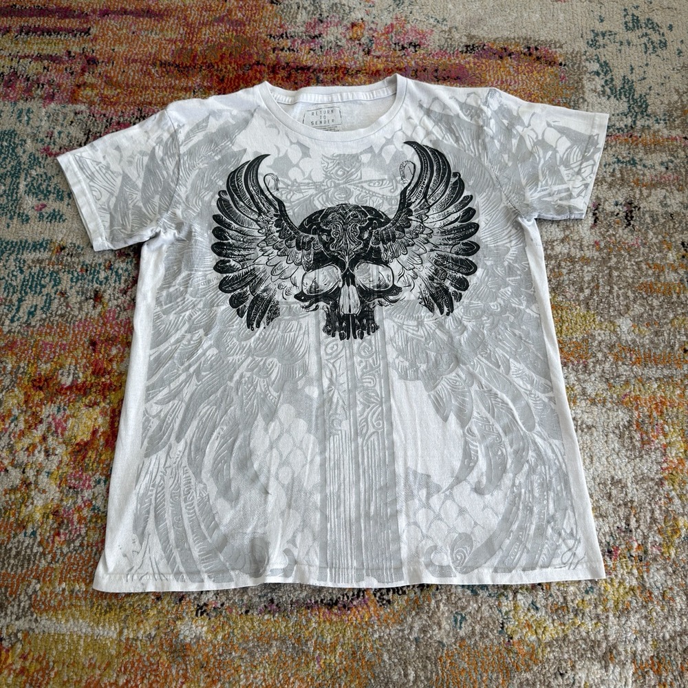 Y2K Grunge Goth Return To Sender Winged Skull Cross T Shirt Mens L